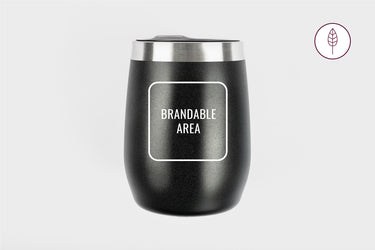 Black insulated stainless steel tumbler with silver lid and a brandable area
